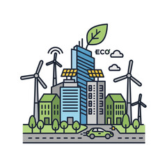 Obraz premium Eco-friendly cityscape with wind turbines, solar panels, and green buildings.