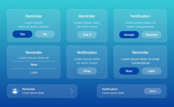 Glassmorphism liquid glass reminder and notification UI popup set on blue gradient background