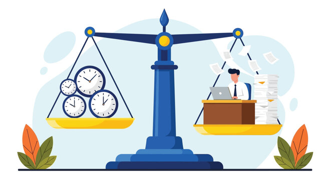 Time management and work life balance concept with businessman working on laptop on scale balancing against clocks symbolizing efficiency