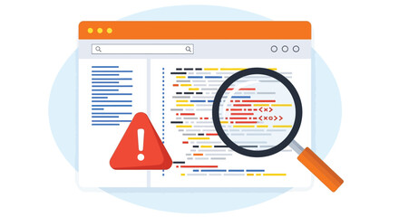 Computer screen with code showing error warning symbol and magnifying glass for debugging © Yekes Peodn