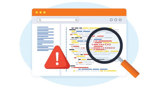Computer screen with code showing error warning symbol and magnifying glass for debugging