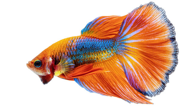 Isolated beautiful vibrant orange and blue Betta fish with flowing fins, a stunning tropical aquatic animal