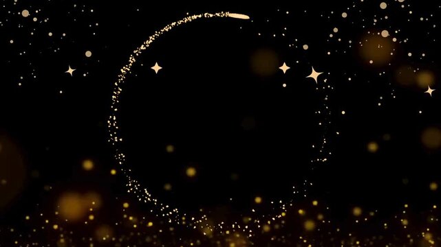 A glowing crescent moon shape formed by golden stardust particles against a deep black background