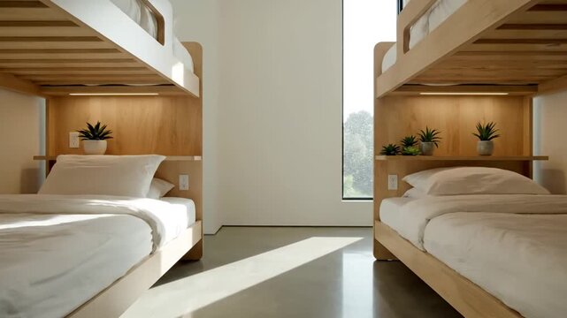 Modern wooden bunk beds in minimalist bedroom with window light