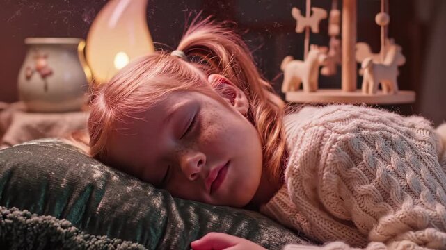 Cute girl sleeping deep on green pillow at night. Sleeping child dreams peacefully in cozy bed. Little girl rests head on soft pillow. Night dream time for kid. Warm lamp light shines in bedroom.