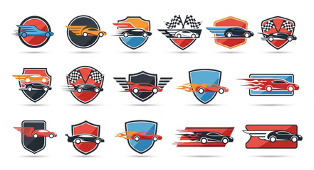 Collection of Racing Car Emblems and Badges for Automotive Design. © Hari