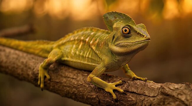 Close-up of a vibrant green lizard with prominent eye and crest on a textured branch