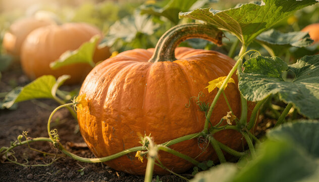 Sun-Kissed Orange Squash in a Vibrant Green Garden Patch Under Golden Hour Light, Capturing the Essence of Autumn Harvest and Natural Growth