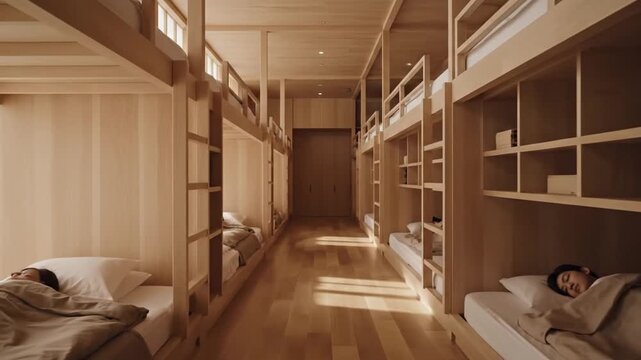 Modern wooden dormitory room with people sleeping in bunk beds.