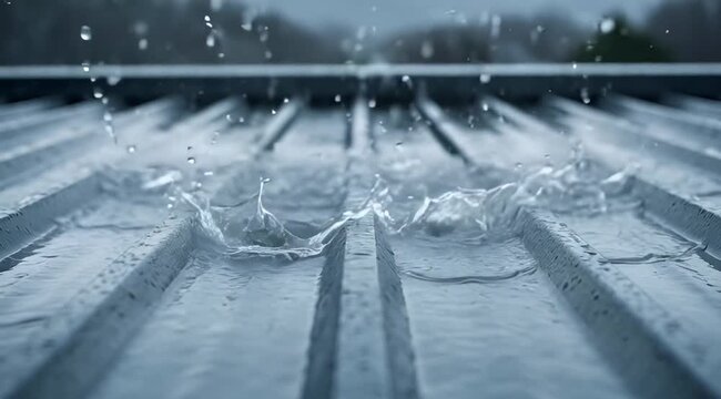 Close up of heavy rain falling on a metal corrugated roof surface