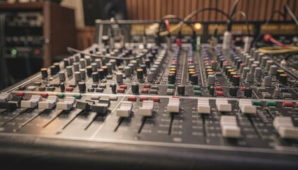 Close medium shot of multichannel audio mixer controls in sharp focus surrounded by outoffocus studio environment during session.