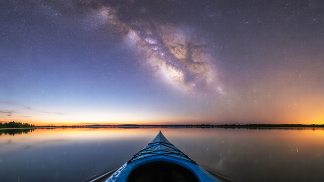 A panoramic nighttime photograph taken from the perspective of a kayaker's bow, pointing directly towards the Milky Way galaxy