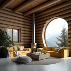 Naklejka premium Cozy log cabin living room with large round window, yellow sofa, wood stove, mountain view, and natural wood interior design