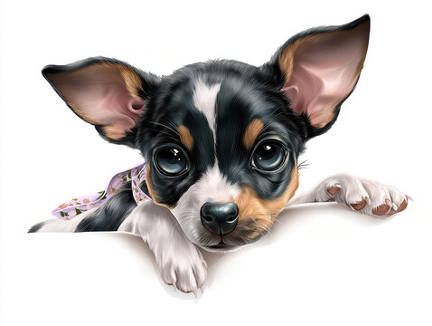 A realistic cartoon Rat Terrier, facing forward, hanging over something, with expressive eyes and a purple collar The Chihuahua counterpart is also present, looking directly at the vie - AI-Generated