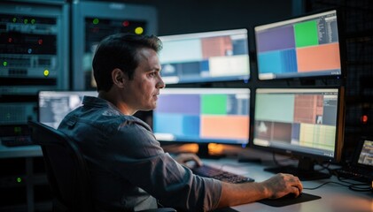 Engineer in sharp focus overseeing multiple video feeds on monitors surrounded by softly blurred technical racks and dim control room ambient lighting.