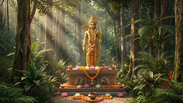 Golden Idol of Lord Ram Murti in Jungle, Sacred Hindu Statue in Forest Nature, Spiritual Indian Deity Sculpture in Natural Environment