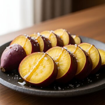 Sliced Plums with Sugar on Dark Plate on Wooden Table