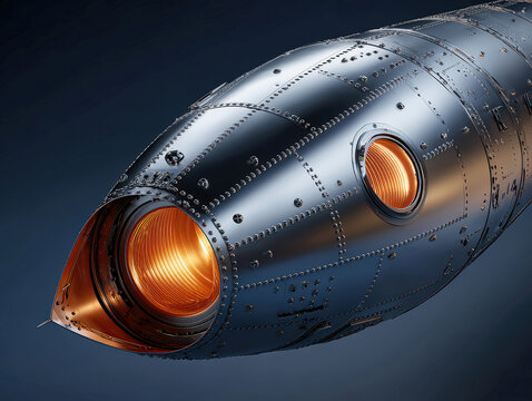 Modern stainless steel rocket fuselage in space with porthole window showing fusion plasma, amber light, dark navy blue background, distant stars, minimal style, smooth gradients, seaml - AI-Generated