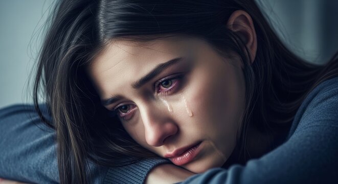 Young woman experiencing deep sadness with tears