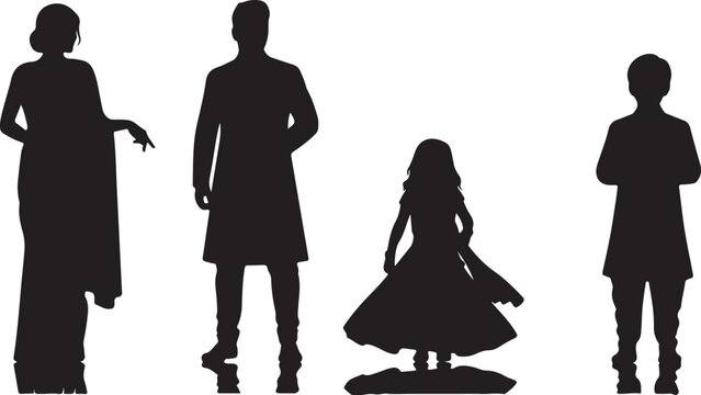 Black Silhouette of Indian Family in Traditional Dress, Isolated Vector for Design isolated PNG with Transparent Background