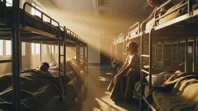 Morning sunlight fills a shared bunk bed dormitory with people
