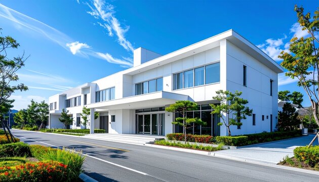 植栽に囲まれた白いモダンな日本の介護施設の外観