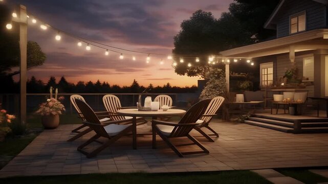 Inviting backyard patio with string lights and a dining set at dusk.