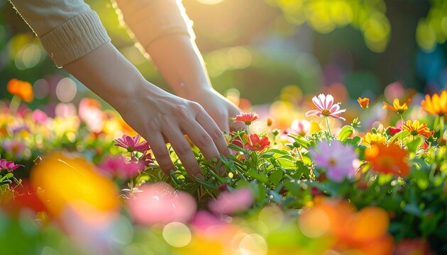 日本公園の花壇で色鮮やかな花々の間を草取りする女性の手元クローズアップ
