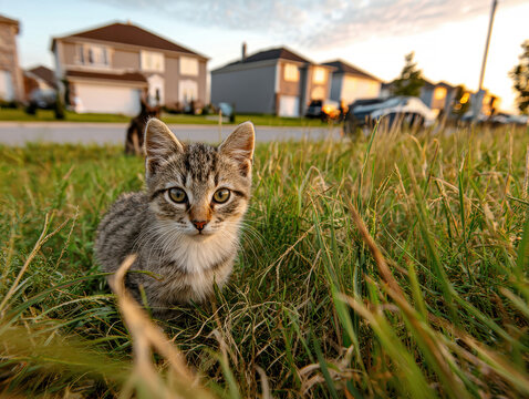 Close-up photo of a young tabby tomcat in a field, with suburban houses in the background Tranquil moment captured in a naturalistic style - AI-Generated