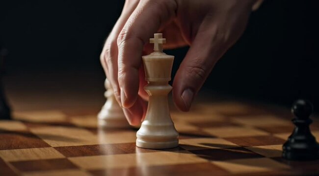 Dramatic chessboard scene showing a hand moving a white king piece