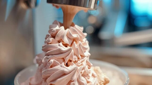 Close-up of a soft-serve machine dispensing pink frozen yogurt into a cup.