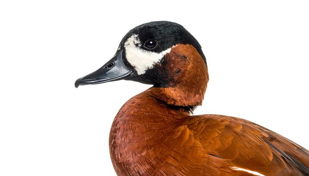 Duck with brown body, black head, and white face patch, looking left against a bright white background