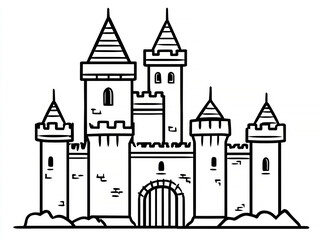Fototapeta premium Black and white illustration of a medieval castle with two towers, crenellations, archway, drawbridges, windows, and a flat appearance suitable for coloring - AI-Generated
