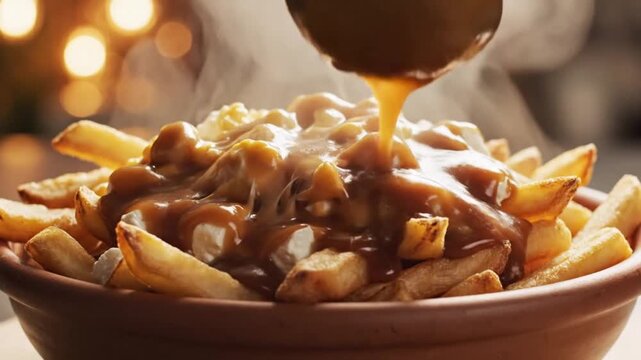 Golden Fries Delight: A close-up shot of a tantalizing serving of french fries, smothered in rich gravy. The steam rising off the dish hints at a comforting meal.