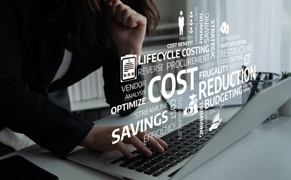A businesswoman engages with her laptop, surrounded by graphic representations of cost reduction strategies including budgeting and procurement, emphasizing efficiency. Tessel