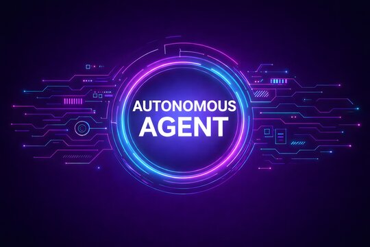 Autonomous agent concept displayed on glowing purple neon circular interface with futuristic circuit background illustrating advanced artificial intelligence systems.