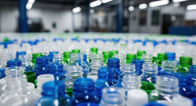 An Assortment of Cleaned Plastic Bottle Necks and Caps Ready for Recycling in a Manufacturing Facility
