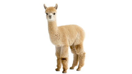 Fototapeta premium Isolated young fluffy alpaca standing with head turned towards camera in studio