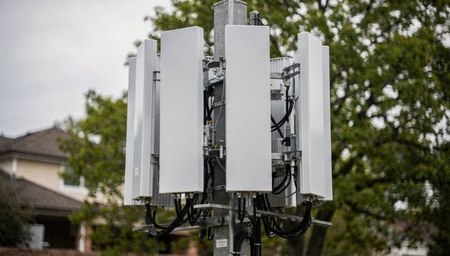 Medium shot of a 5G massive MIMO antenna array on a suburban tower with panels sharply in focus against a blurred leafy neighborhood background