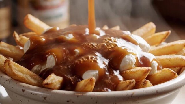 Poutine Delight: A close-up shot of a classic poutine dish, featuring golden french fries, cheese curds, and a rich, savory gravy, a culinary experience.