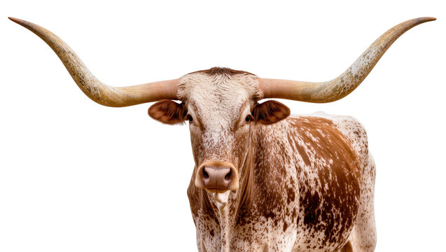 Isolated majestic Texas Longhorn steer with impressively long horns, strong and rugged animal