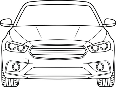 Modern luxury sedan car front view line art illustration featuring sleek headlights and minimalist grille design perfect for coloring books and digital design projects.