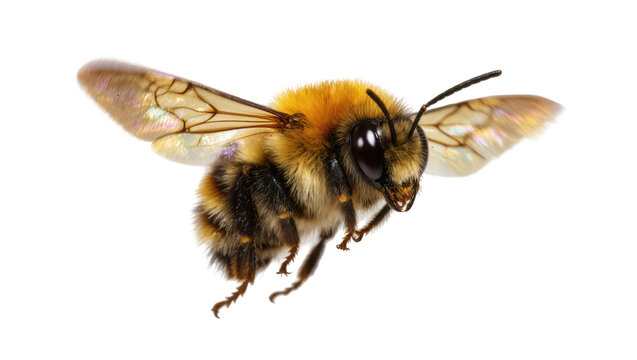 Isolated detailed furry bumblebee flying with delicate translucent wings outstretched.