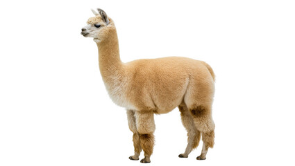 Fototapeta premium Isolated cute fluffy light brown alpaca standing gracefully, profile view of a farm animal
