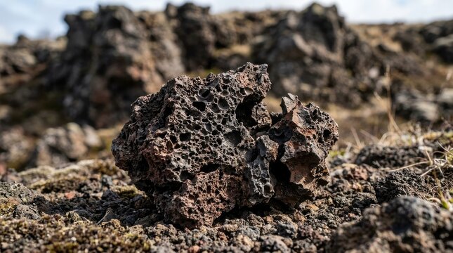 Close-up textured volcanic scoria rock fragment showcasing its highly vesicular igneous formation in an arid outdoor landscape.