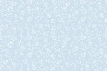 Seamless rose floral pattern with delicate white line art flowers, leaves, and swirling vines on a soft blue background. Elegant botanical design for wallpaper, fabric, and prints. © sujitra