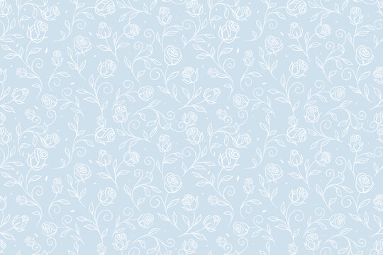 Seamless rose floral pattern with delicate white line art flowers, leaves, and swirling vines on a soft blue background. Elegant botanical design for wallpaper, fabric, and prints.