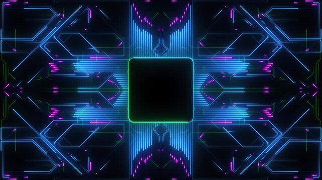 Digital Data moving on Circuit Board and CPU loop backgrounds. Computer Processing and organizing data. Abstract high tech Artificial intelligence (AI), data mining, neon glow pcb place for text 