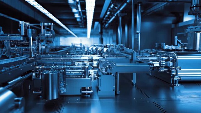 Tracking shot dolly pan of automated machinery moving along conveyor production line inside industrial factory assembly workshop