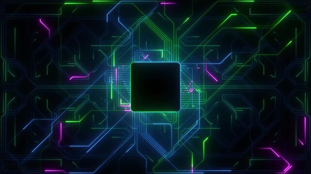 Digital Data moving on Circuit Board and CPU loop backgrounds. Computer Processing and organizing data. Abstract high tech Artificial intelligence (AI), data mining, neon glow pcb place for text 